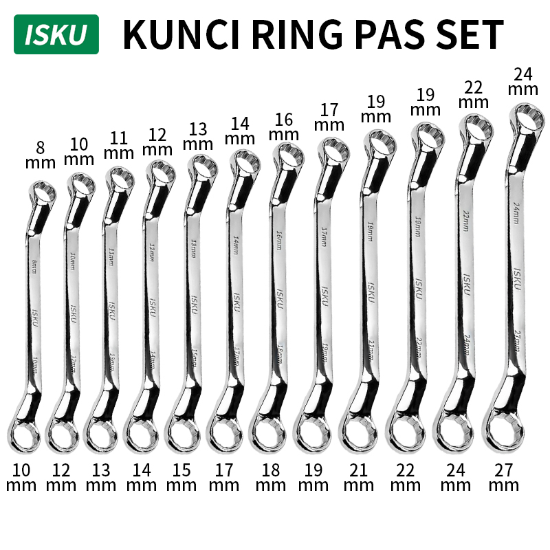 ISKU Kunci Double RING Lengkap 8-27mm Kunci Ring Offset Ring Spanner Industrial CR-V