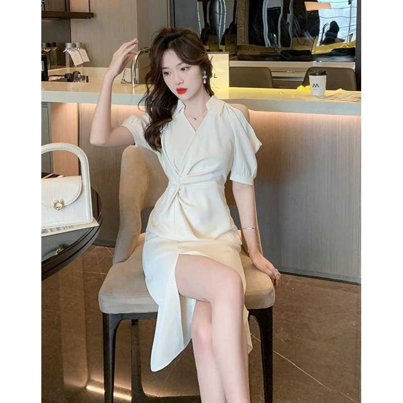 Dress wanita putih  model bolong Korea  lengan pendek Korea elegant