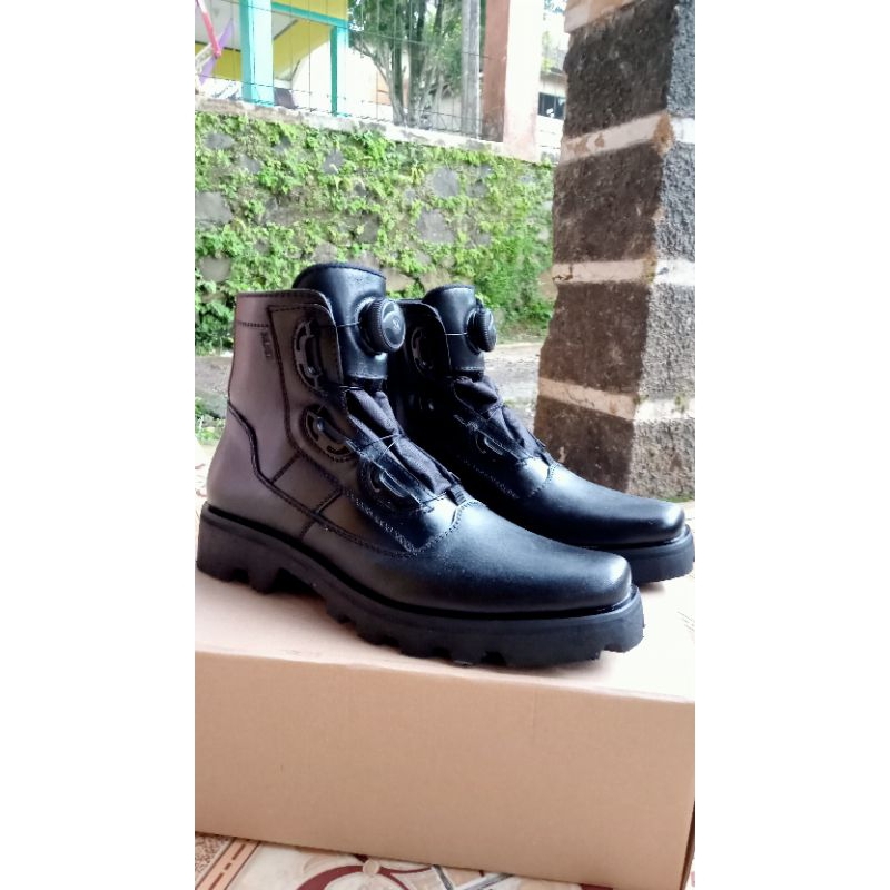 Sepatu PDH tali putar Boa midtrack hitam kulit asli