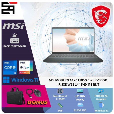 MSI Modern 14 Core i7 1195G7 8GB 512GB SSD 14 Inchi FHD IPS Blit