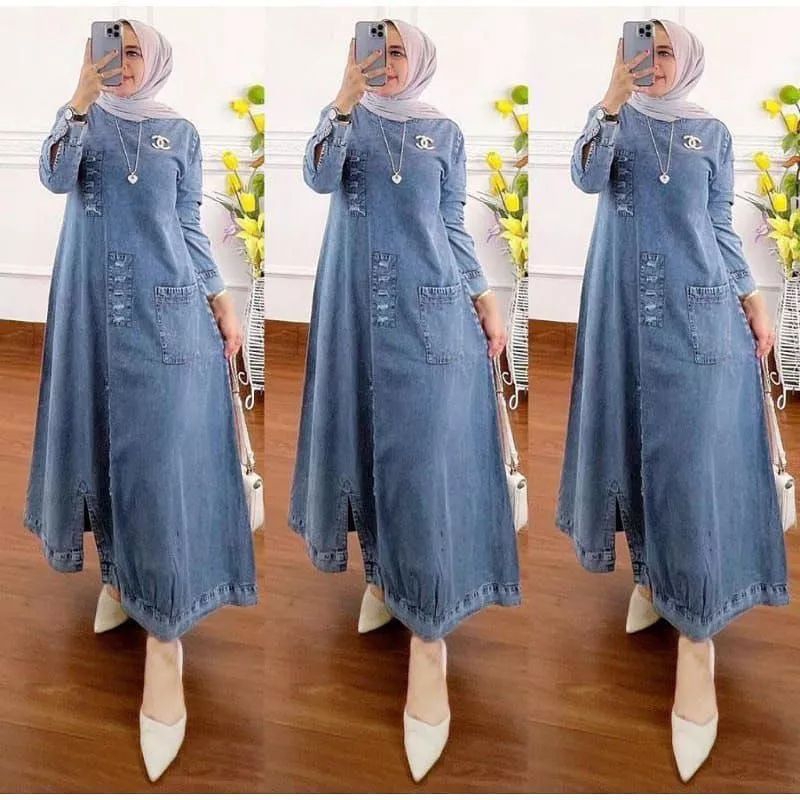 Kinan Midi Dress Jeans/Gamis Jeans Wanita Jumbo Ld 110 Pb120 Terbaru/Dress Denim Wanita Kekinian