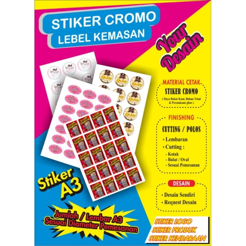 

sticker Custom, sticker bahan chromo, free design ukuran A3 3lembar