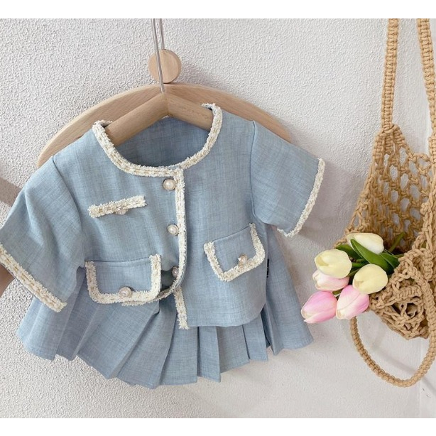 Setelan Anak Perempuan Blue Classic Short-Sleeved Bludru+Pleated Skirt