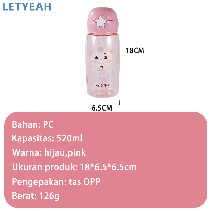 letyeah Botol minum anak dengan sedotan /tempat minum 520ml botol air minum aesthetic /Bpa free