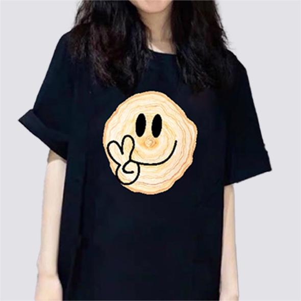 XIAOZHAINV Kaos Atasan Wanita Smiley Face Pattern Pattern Lengan Pendek A0188