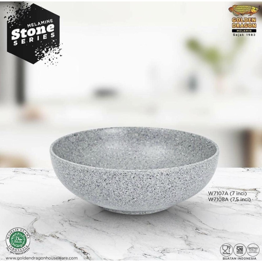 Mangkok Melamin Ceper Bulat 7inch / Mangkok Cafe Motif Stone 7inch