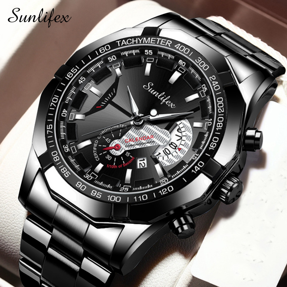 Sunlifex Jam Tangan Pria 9094 Original Kuarsa Kalender Tali Stainless Steel Jam Tangan Cowok(Kotak + Kartu Garansi)-AllBlack