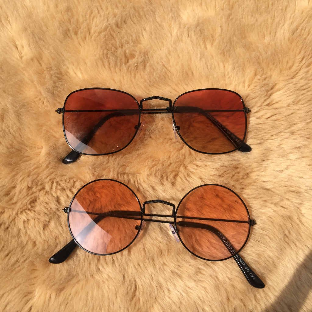 Square round ombre sunset color lensa jingga red orange black frame hitam sunnies sun glasses small 