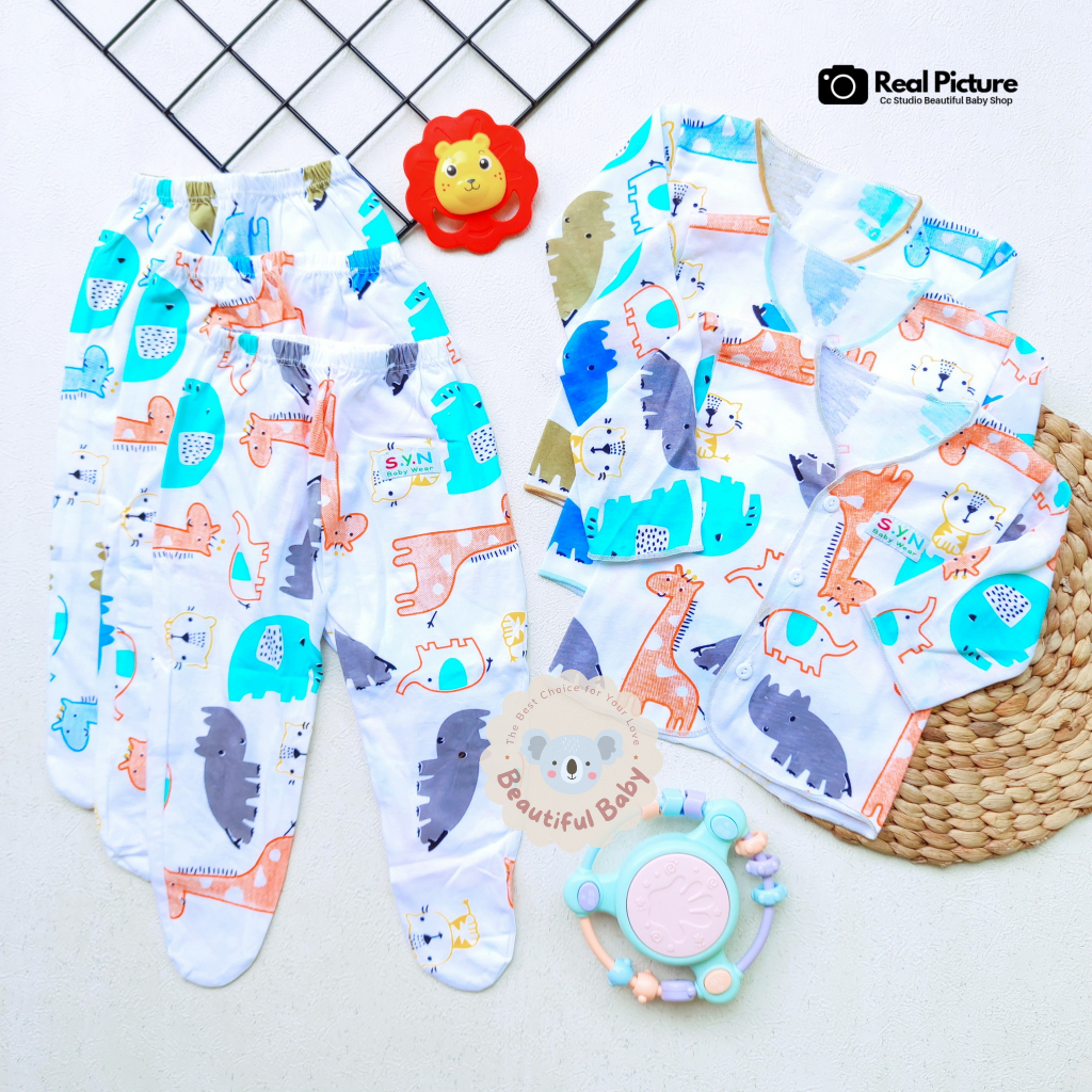 Baby.ou - 3 Stel Setelan Baju Bayi Baru Lahir Tangan Panjang Celana Panjang Usia 0 sd 3 Bulan Motif Elephant - Setelan Baju Bayi Newborn Panjang Abu - Celana Panjang Bayi Baru Lahir