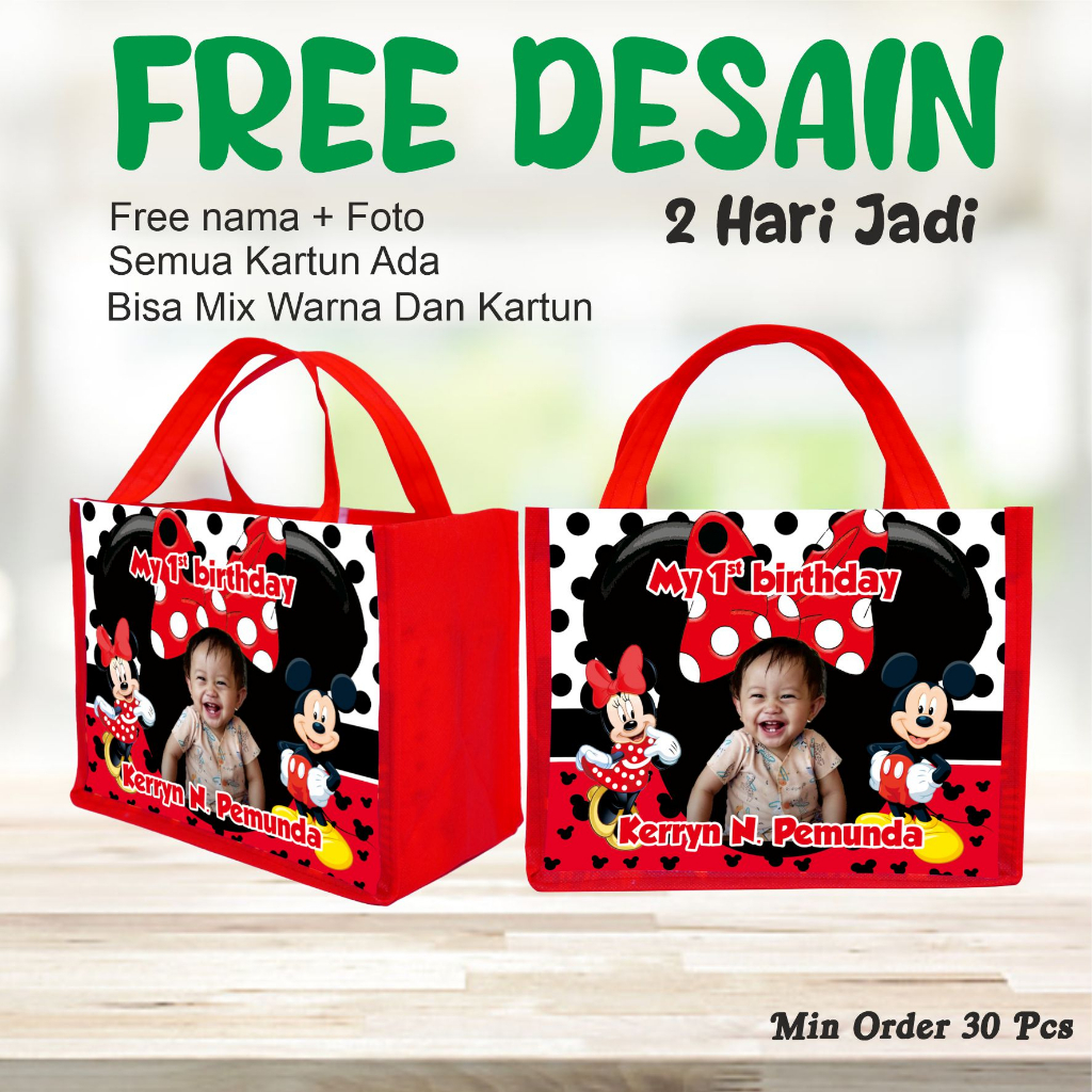 

TAS PEMBUNGKUS KADO/FREE DESAIN COSTUM/PEMBUNGKUS BERGMABR MIKKY MOUSE MUAT KFC