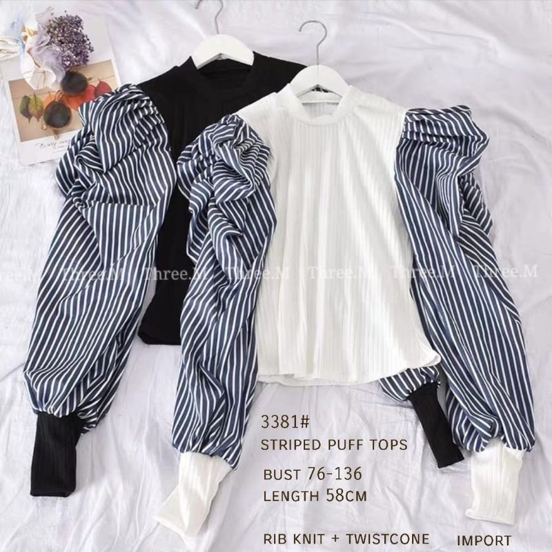 3381 Atasan baju blus blouse blouses kemeja lengan panjang tangan balon baloon ballon garis striped 