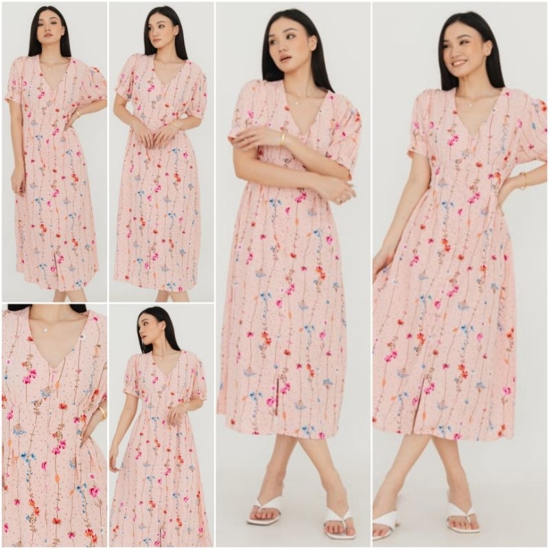 ⚡️ GOOD DEAL ⚡️ TERMURAH ! ♡ ORIGINAL ! ANDINI FLOWERY V-NECK BUTTON MIDI DRESS ( BUSUI FRIENDLY )