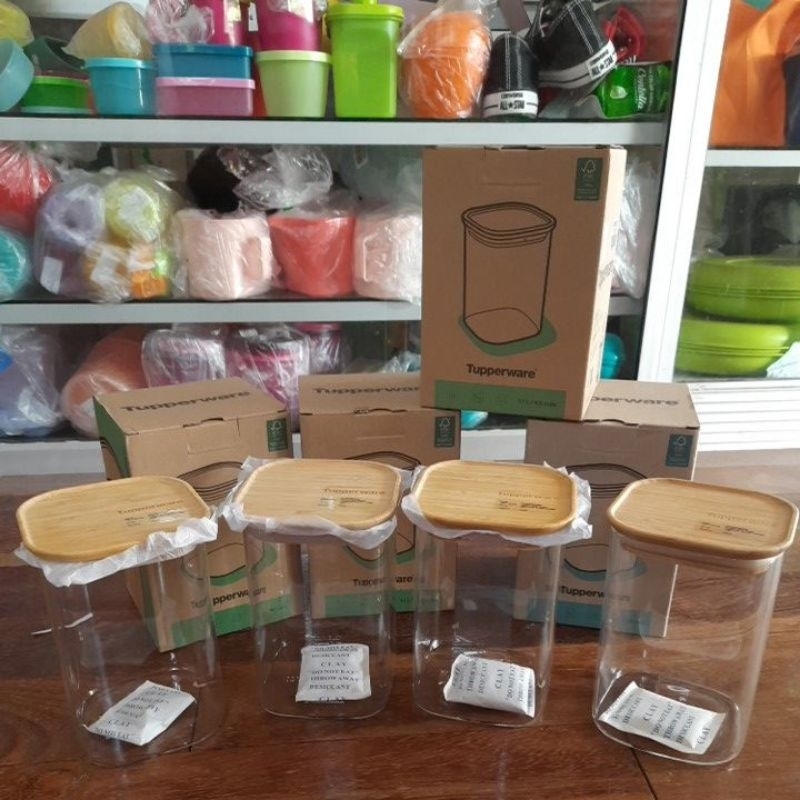 Original tupperwareBamboo Glass Jar 1.1 L set (4pcs)