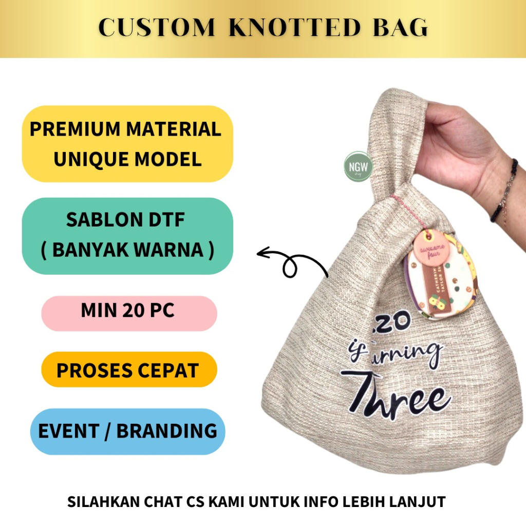 JOY KNOTTED BAG  CUSTOM SABLON DTF souvenir gift tas hampers ulang tahun event min 20pc