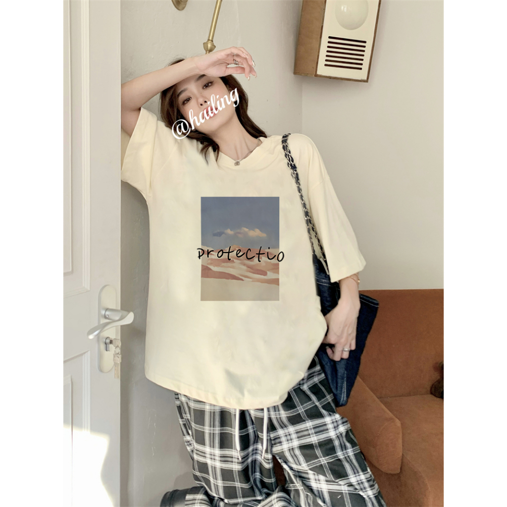 EUNII T-shirt Lengan Pendek Retro Sunset Scene Painting Printing Korean Style/Kaos Atasan Wanita/Baju Wanita/Kaos Wanita