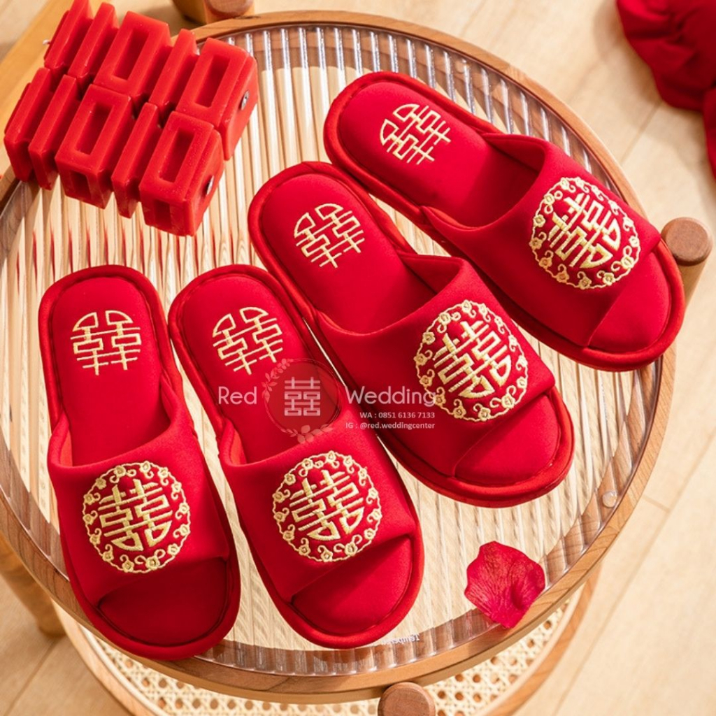 [Xi Bingkai Bunga] Sandal MERAH Pengatin Groom /Bride  Sepatu Wedding Bahan dengan Bordir Tulisan Shuang Xi Sanghi