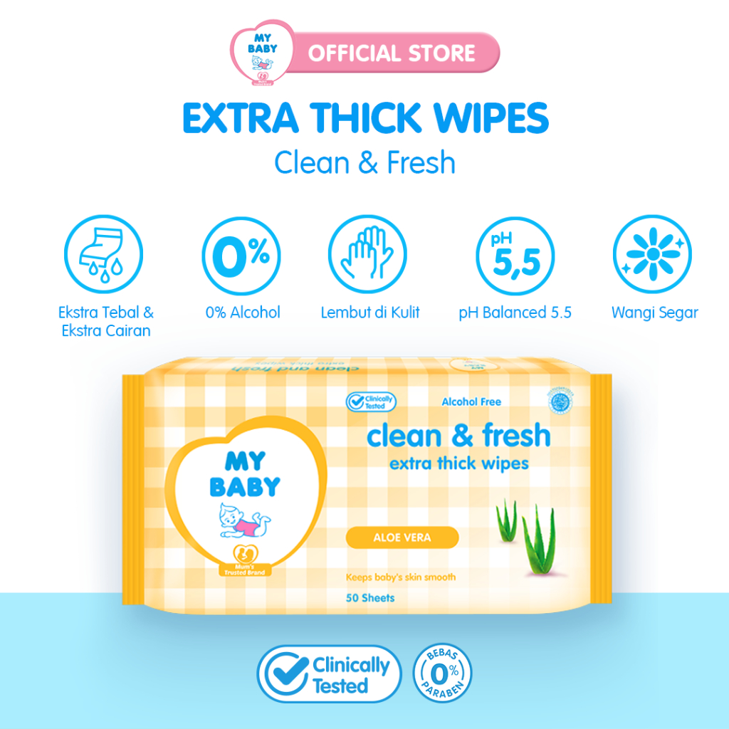 MY BABY Extra Care Wipes Clean &amp; Fresh [50 + 50 Sheets] - Tisu Basah Bayi Extra Lembut &amp; Extra Tebal (2 pcs isi 50s) - Exp: 07.2024