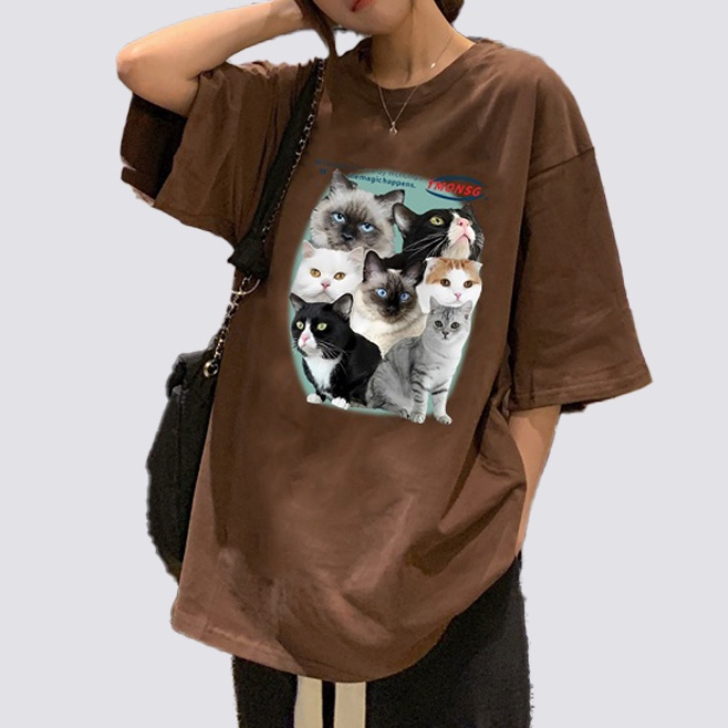 XIAOZHAINV Korean Style Cat Pattern Washed Printing Kaos Wanita A0083