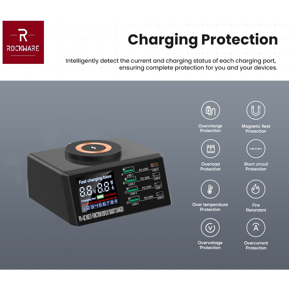 ROCKWARE WLX-X9M - 9-in-1 USB Magnetic Display Charger 110W MAX