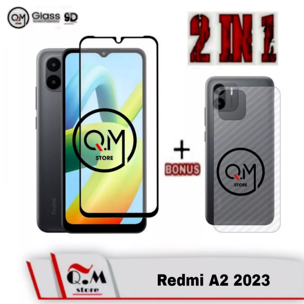 Paket 2 in1 Tempered Glass Layar Xiaomi Redmi A2 2023 Anti Gores  Screen Guard Free Skin Carbon Garskin