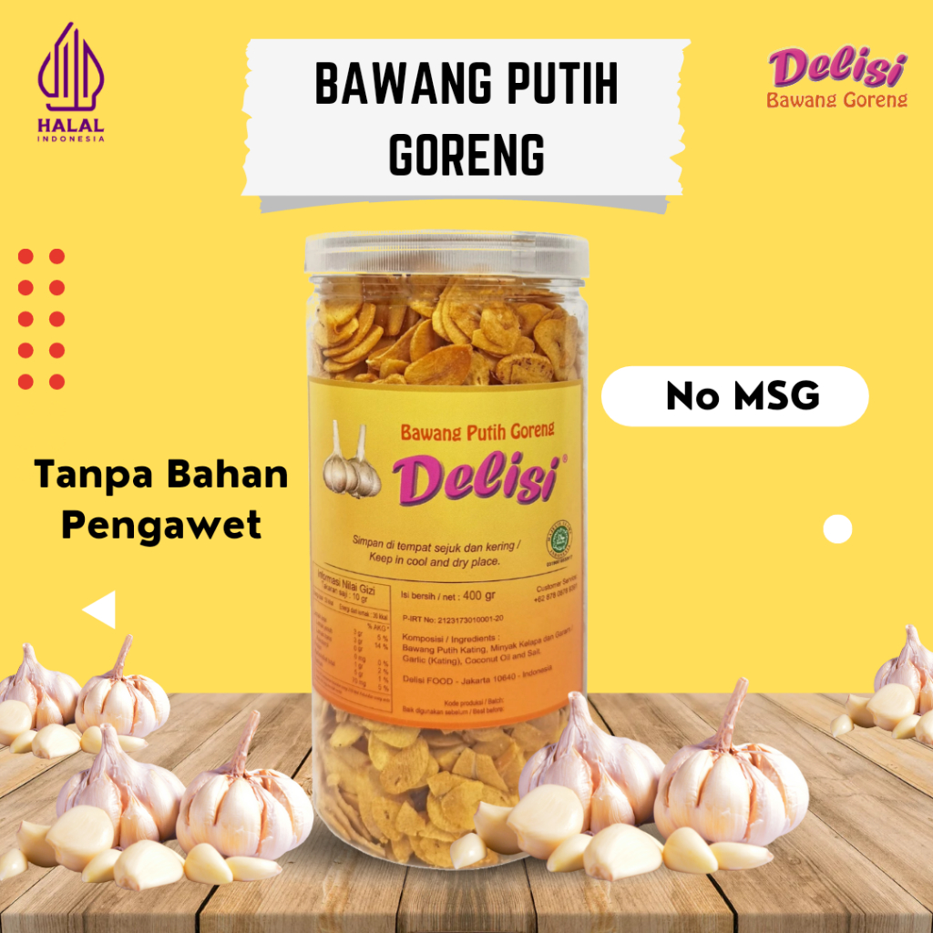 

DELISI - Bawang Putih Goreng 400 GRAM | Tanpa Pengawet dan Murni tanpa campuran | Bawang Goreng