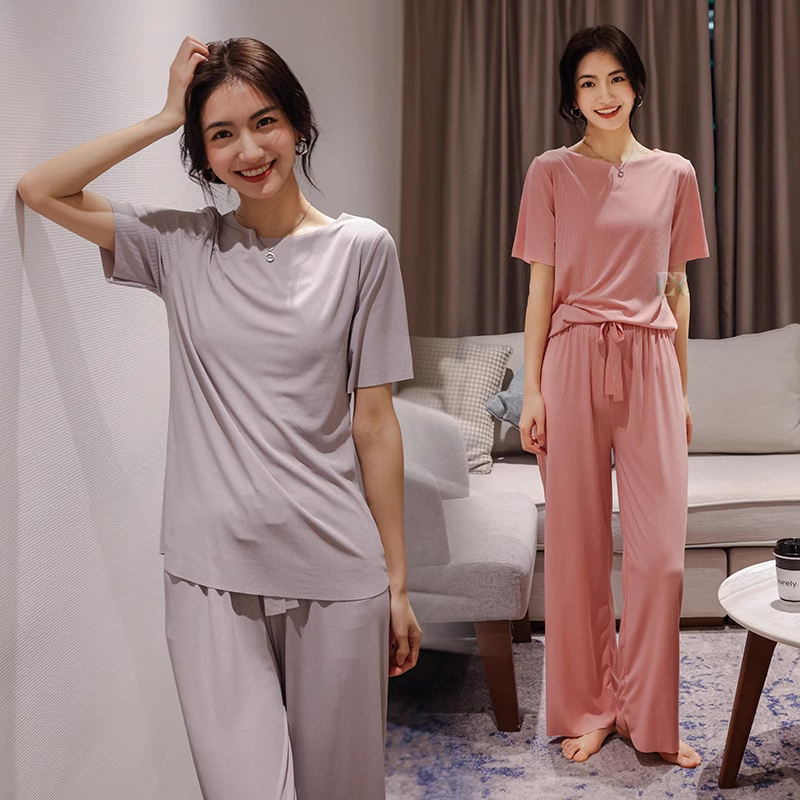 LNR Shop Setelan Import One Set Lengan dan Celana Panjang Motif Polos Cuttingan Tanpa Jahit Bahan Ice Silk Piyama Baju Tidur Santai Korea Halus Adem Wanita Dewasa Remaja Perempuan