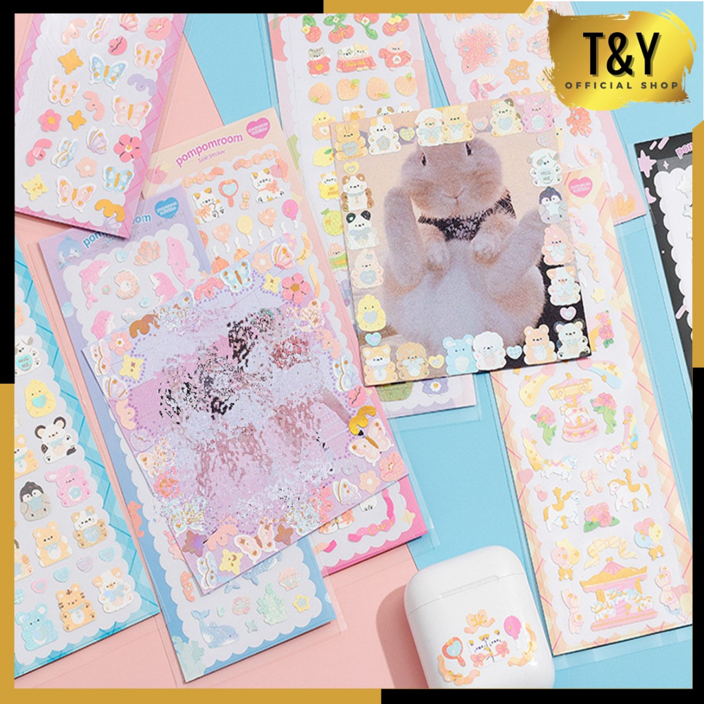 T&amp;Y Sticker Waterproof Kartun Bear Rabbit Hologram Stiker Motif Kartun Beruang Dan Kelinci Korea Lucu Anti Air Dekorasi Handbook Scrapbook Diy Sticker Botol Minum Tumblr Viral Lucu Murah Cantik