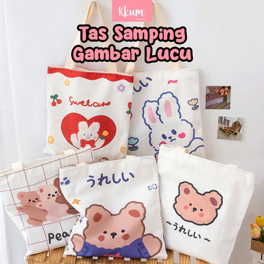 Totebag kanvas kartun korea wanita/ Tas kuliah remaja cute