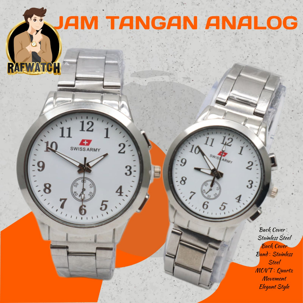 Jam Tangan Pasangan Pria Wanita Analog Casual Rantai Stainless Silver Hitam RPA5