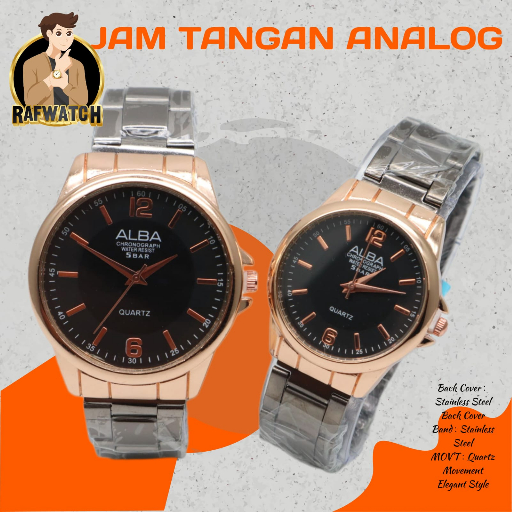 Jam Tangan Pasangan Pria Wanita Analog Casual Rantai Stainless Hitam Rose RPA6