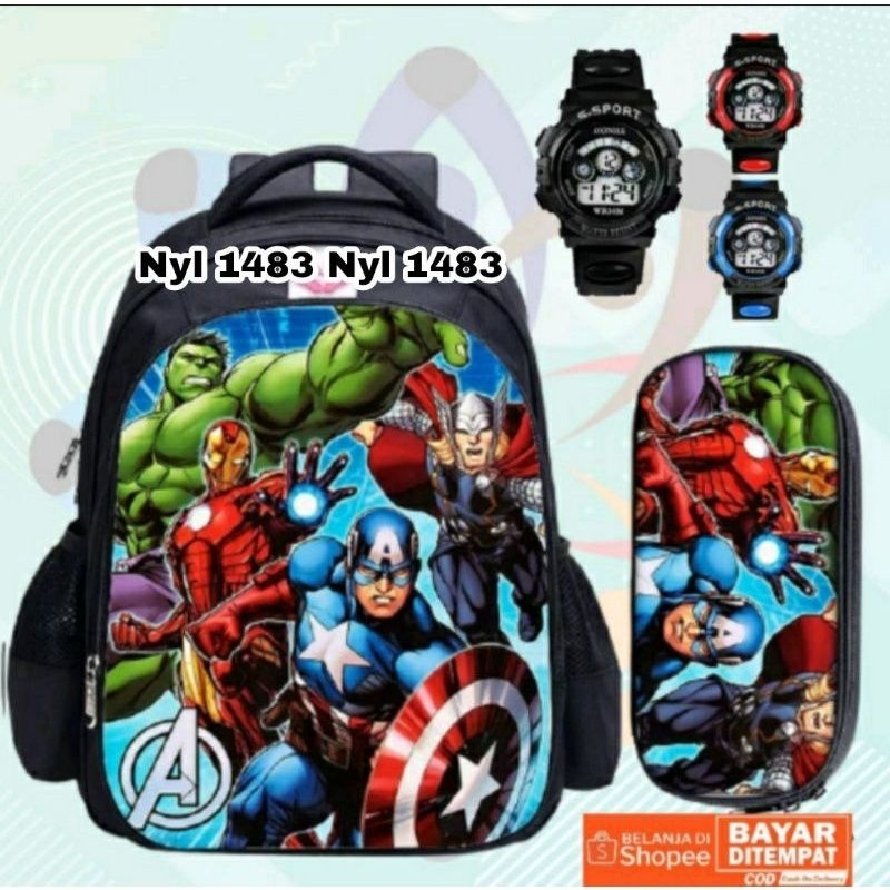 [ BISA COD ] Ransel Anak Tas Sekolah Anak Laki Laki Sd Motif Superhero Free jam tangan