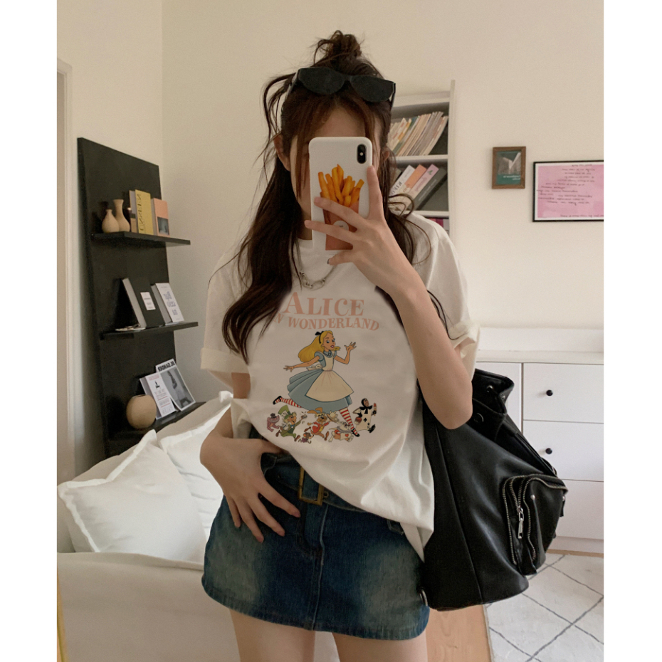 baju kaos wanita lengan pendek/fairy tales alice motif printed import oversize kaos korea wanita