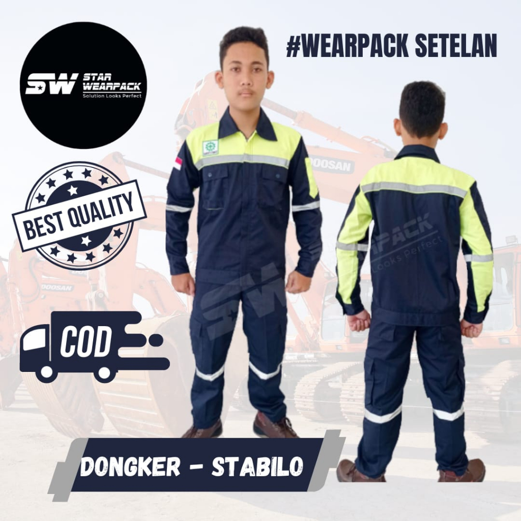 Star Wearpack - Setelan Baju &amp; Celana Baju Kerja Proyek Warna Dongker Kombinasi Stabilo Lengan Panjang