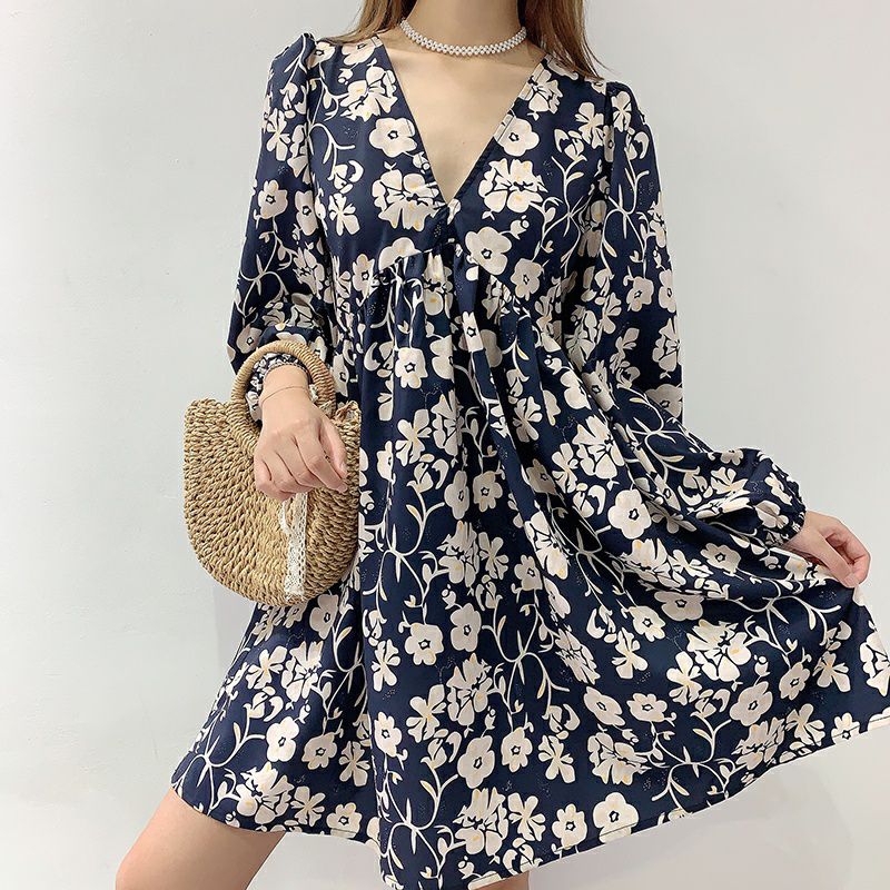 6970 Baju minidress LOOSE MINI DRESS VNECK lengan baloon puff Sleeve dres Korea Korean style wanita 