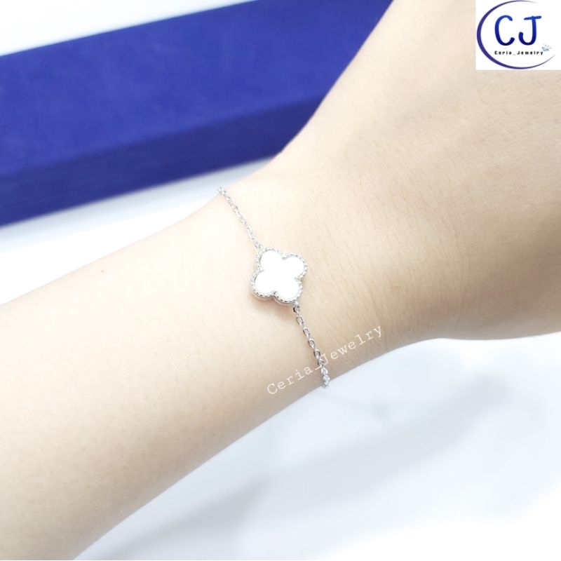 Gelang VanCleef/Clover Perak Asli Silver 925 Lapis Emas Putih Model VanCleef Putih  - Gelang Anti Karat