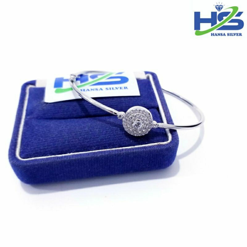 Gelang Perak Asli Silver 925 Lapis Emas Putih Model Bangle Permata Bulat Batu Putih - Gelang Perak Wanita Anti Karat