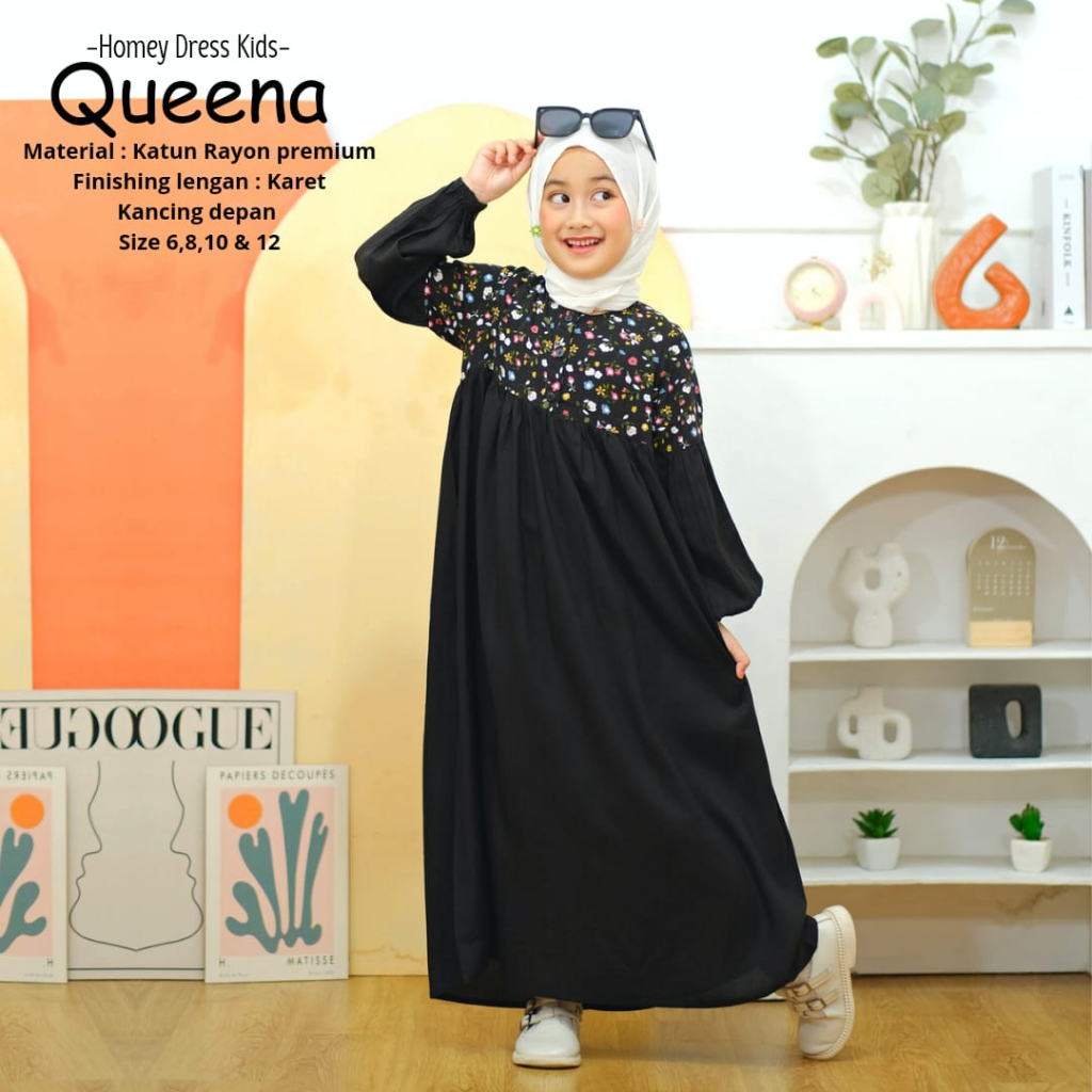 New-Busana Muslimah Anak/Gamis Anak Motif- QUEENA DRESS Kids - Bahan Katun Rayon Premium-Bisa COD
