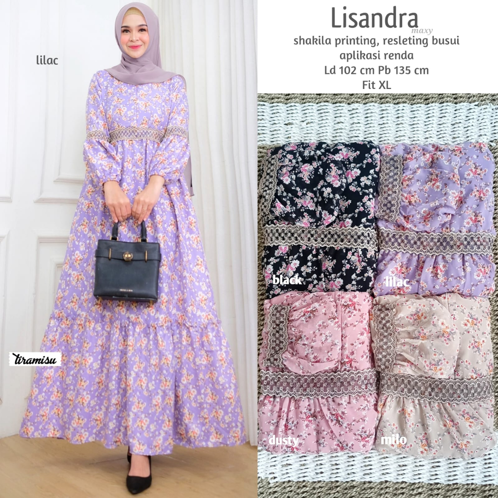 LISANDRA DRESS / 1.7 / BAHAN SHAKILA PRINTING / LD 102 CM / PB 135 CM / ALLSIZE JUMBO / FIT TO XL / TIRAMISU