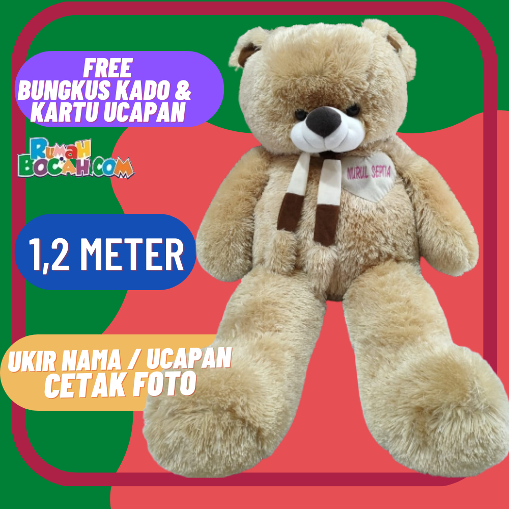 Boneka Bear Beruang Syal Love Coklat Caramel Jumbo Besar 1,2 Meter Ukir Nama Ucapan Cetak Foto untuk