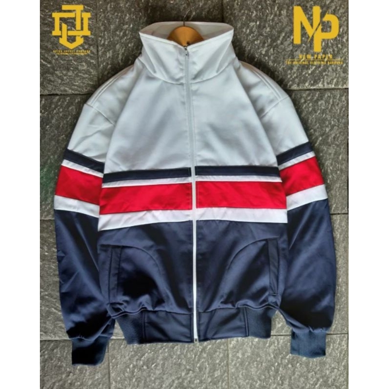 Jaket Casual Tracktop Hitam Putih List Merah