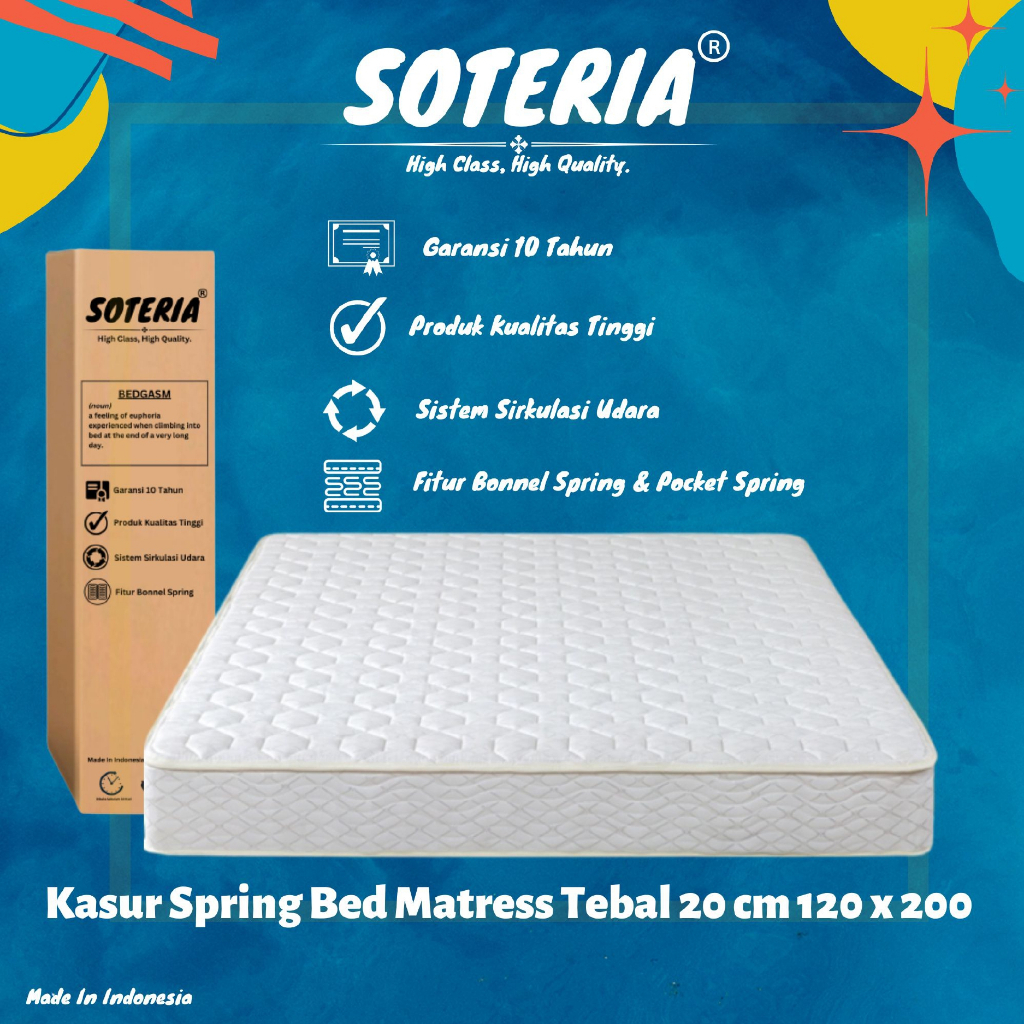 [Free Ongkir] Kasur Spring Bed Deluxe Luxury / Kasur Pegas Tebal / Cover 100% Polyester / Springbed Mattress In A Box / Nyaman &amp; Mudah Digunakan / 120 x 200 Tebal 20 cm Anti Pegal Anti Nyeri / Spring Bed Tebal 20cm / Garansi Resmi 10 Tahun SOTERIA