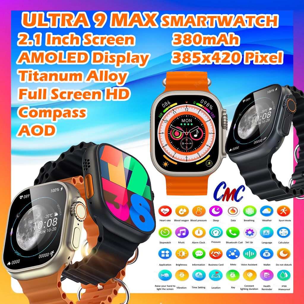 Ultra 9 Max AMOLED Watch Ultra Series Smartwatch 2.1 inch Always On Display Compass