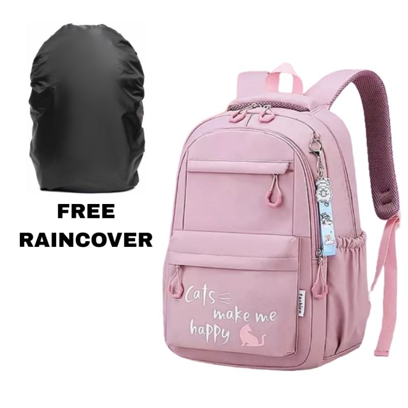 Tas Ransel anak Sekolah SD SMP Motif CATS Free Jas Hujan / Raincover
