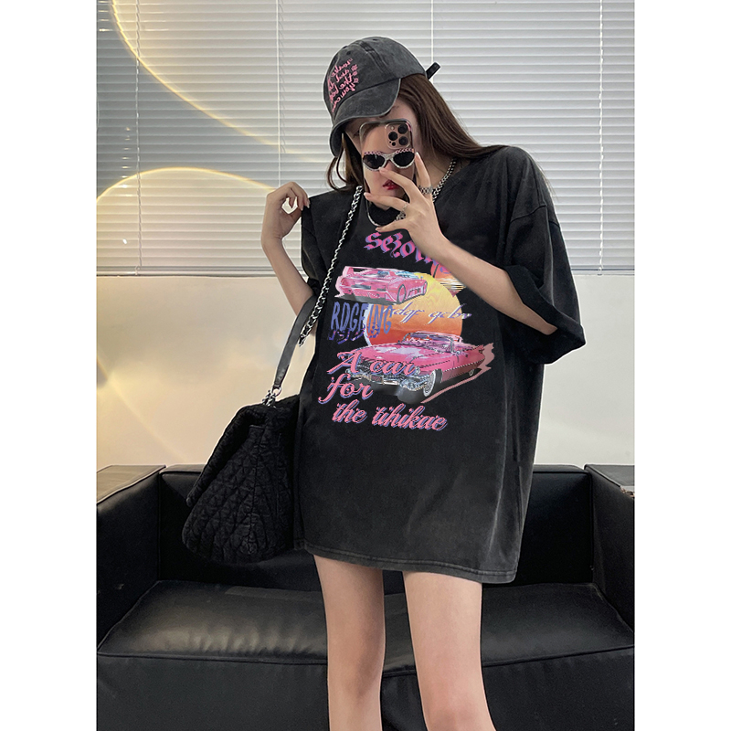 EUNII T-shirt Lengan Pendek Black Washed Retro Cartoon Pink Car Printing Korean Style/Kaos Atasan Wanita/Baju Wanita/Kaos Wanita