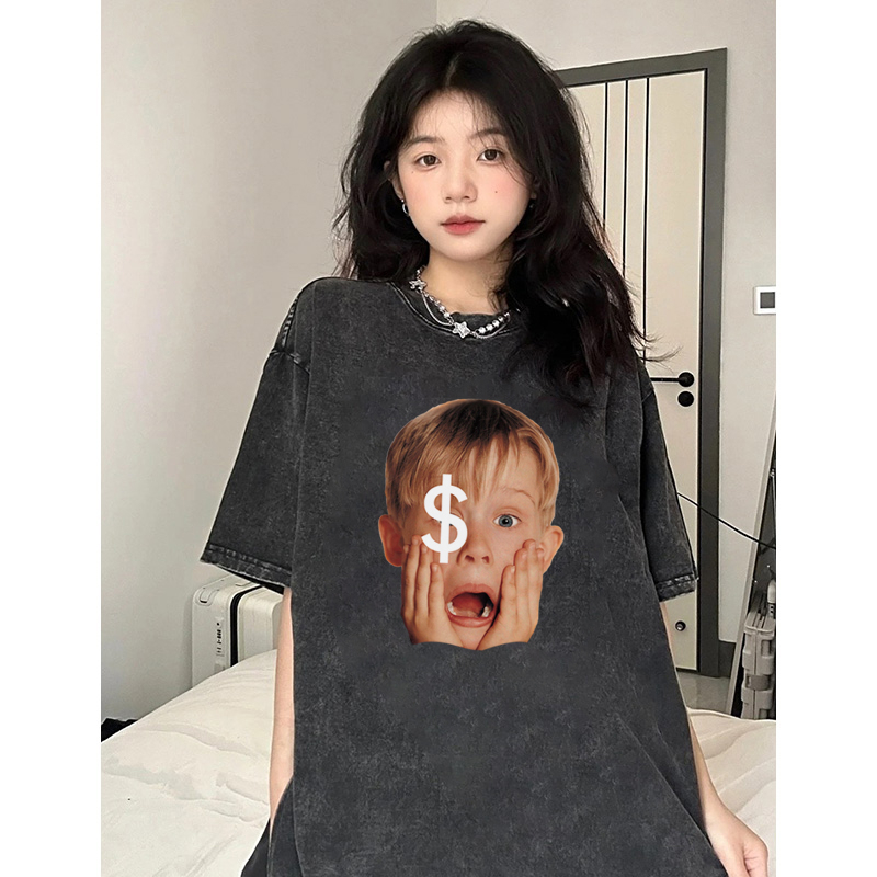 EUNII T-shirt Lengan Pendek Black Washed Vintage Dollar Boy Printing Korean Style/Kaos Atasan Wanita/Baju Wanita/Kaos Wanita