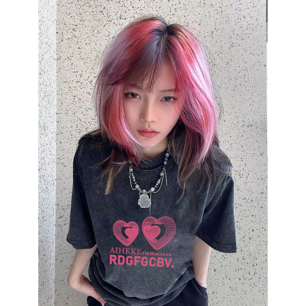 EUNII T-shirt Lengan Pendek Black Washed RDGFGCBV Pink Heart Printing Korean Style/Kaos Atasan Wanita/Baju Wanita/Kaos Wanita