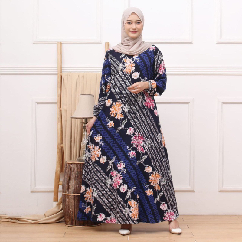 Gamis Batik Wanita Cap Malaman Bahan Rayon Super Allsize LD 110cm Baju Muslimah Premium