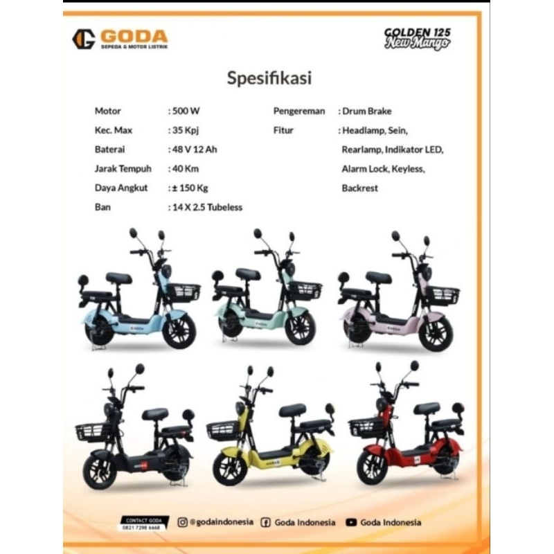 Sepeda Listrik Goda 125 New Golden Mango Baterai Aki