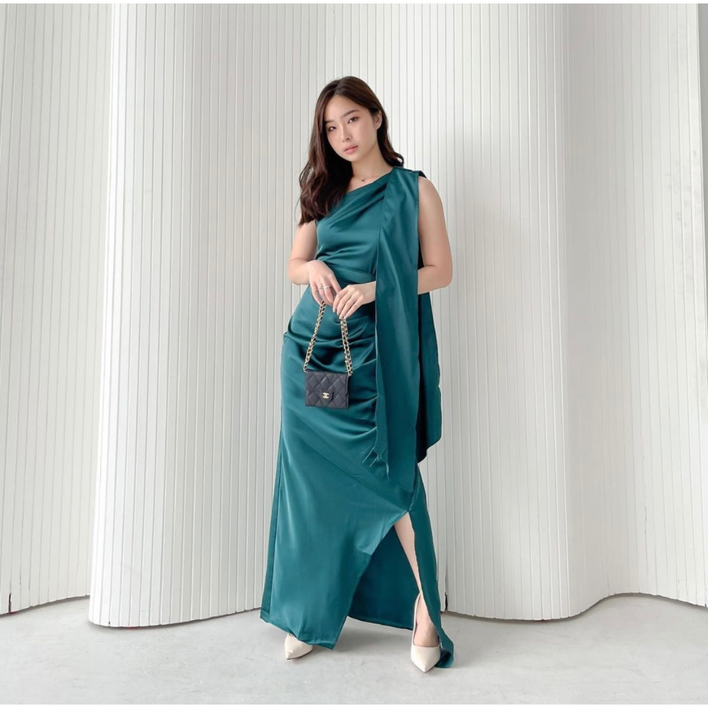 EDELINE SET SATIN DRESS KOREA EMERALD GREEN - MAXI DRESS KONDANGAN - DRESS PESTA SEXY - SERAGAM BRID