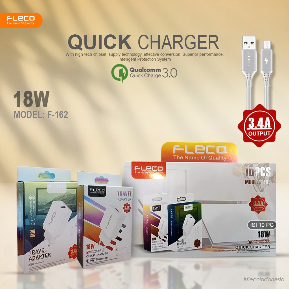 Charger Travel Adaptor Colokan USB 1 Port QC3.0 Quick Charging F-162 FLECO FREE kabel MICRO